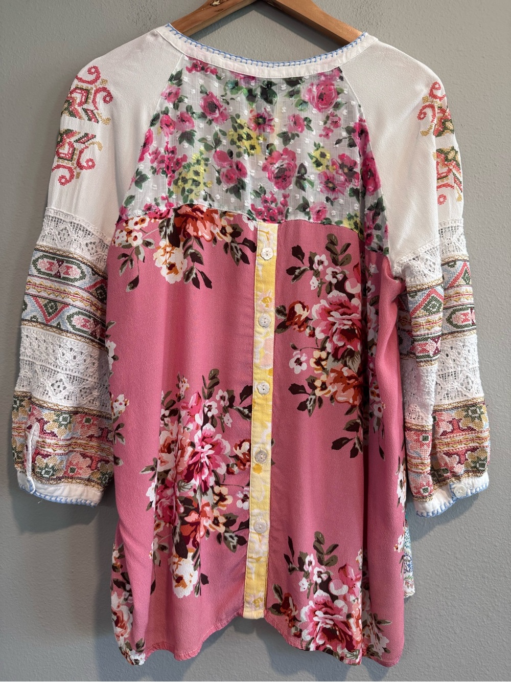 John Mark Boho Embroidered Peasant Patchwork Floral Paisley Blouse L - Picture 7 of 11